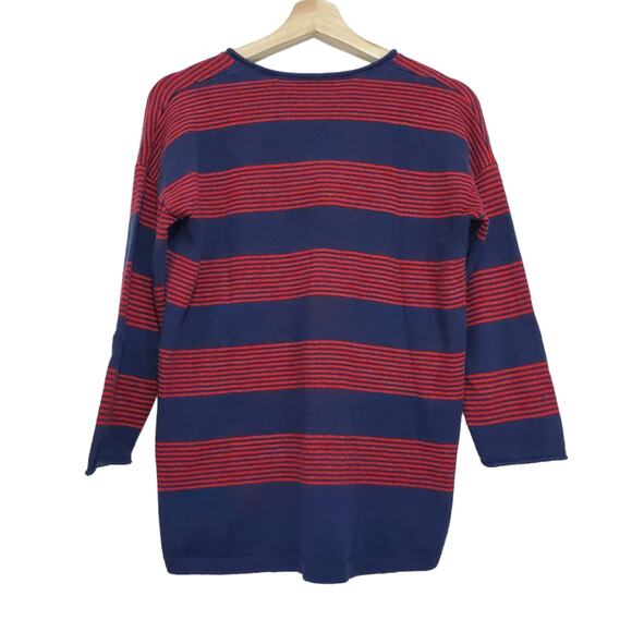 Madewell | Wool Blend 3/4 Sleeve Roll V-Neck Striped Sweater - Picture 3 of 7